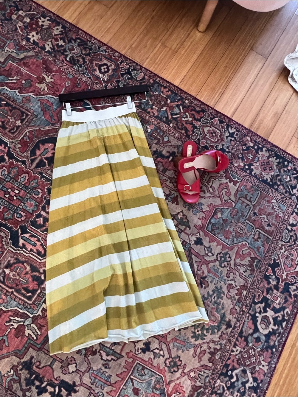 Striped Mustard and White Maxi Skirt with Elastic Waist